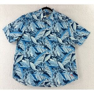 Tommy Bahama Button-Up Shirt Mens Large Blue Cotton Linen Blend Short Sleeve